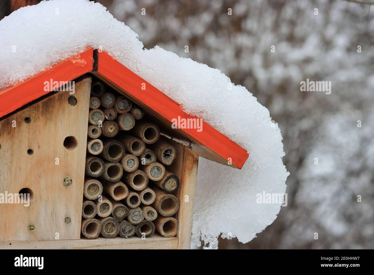 Snow on the roof of an insect hotel in the garden. Stock Photo