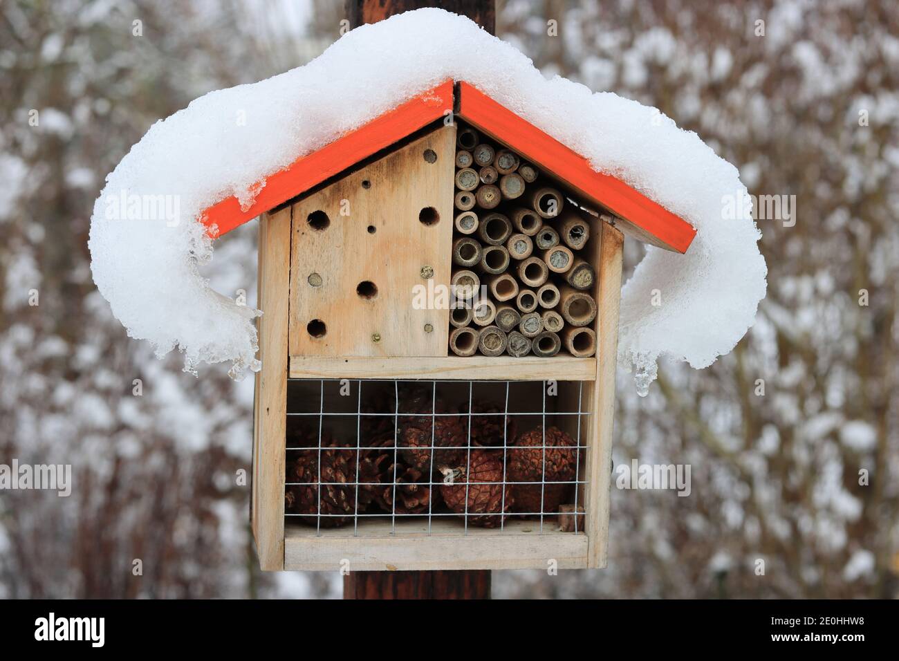 Snow on the roof of an insect hotel / bug house in the garden. Stock Photo