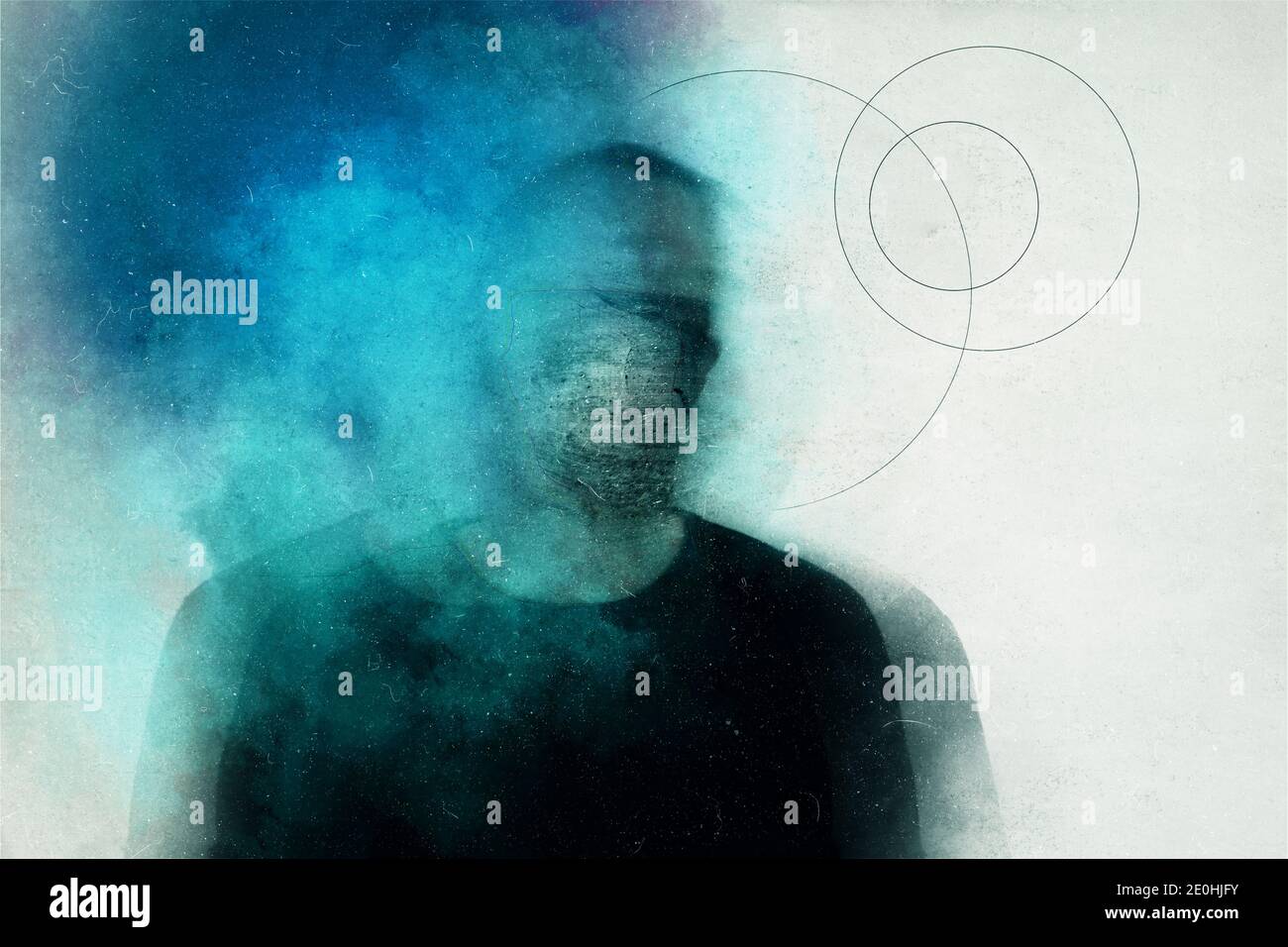 Horror and mental health concept. A mans head covered with clouds. With a blurred, grunge, abstract edit Stock Photo