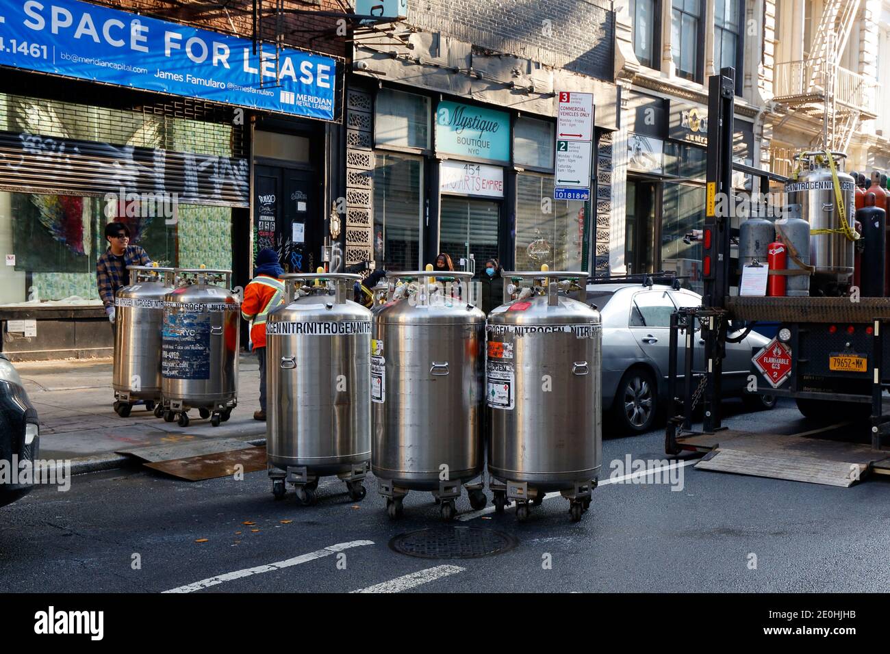 230L tanks of liquid nitrogen being delivered to a cryotherapy clinic. Stock Photo