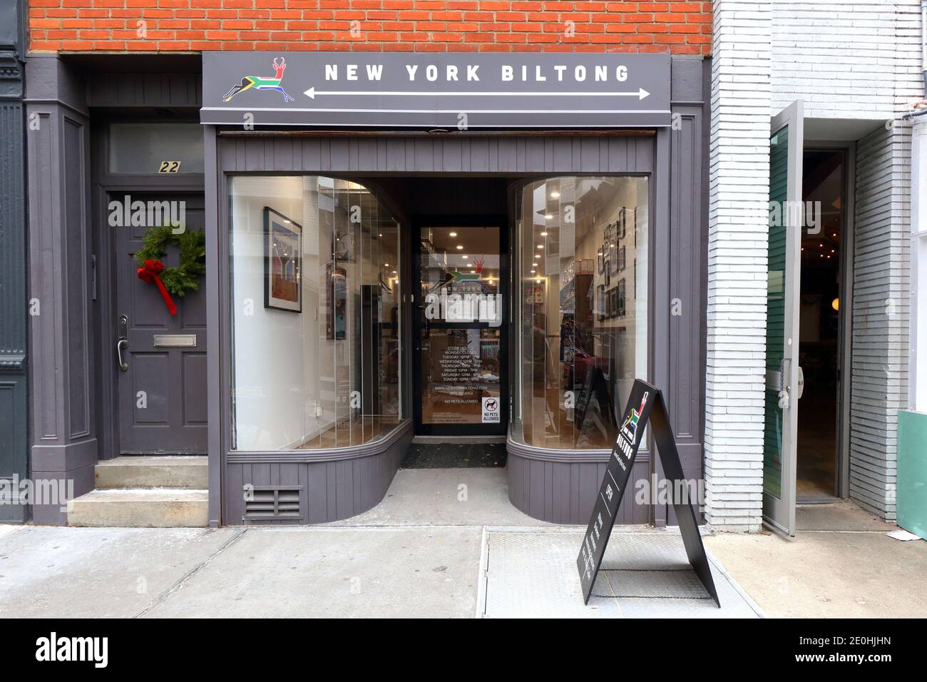 []historical storefront] New York Biltong, 22 Greenwich Ave, NYC storefront photo of a South African grocery store in Manhattan's Greenwich Village. Stock Photo