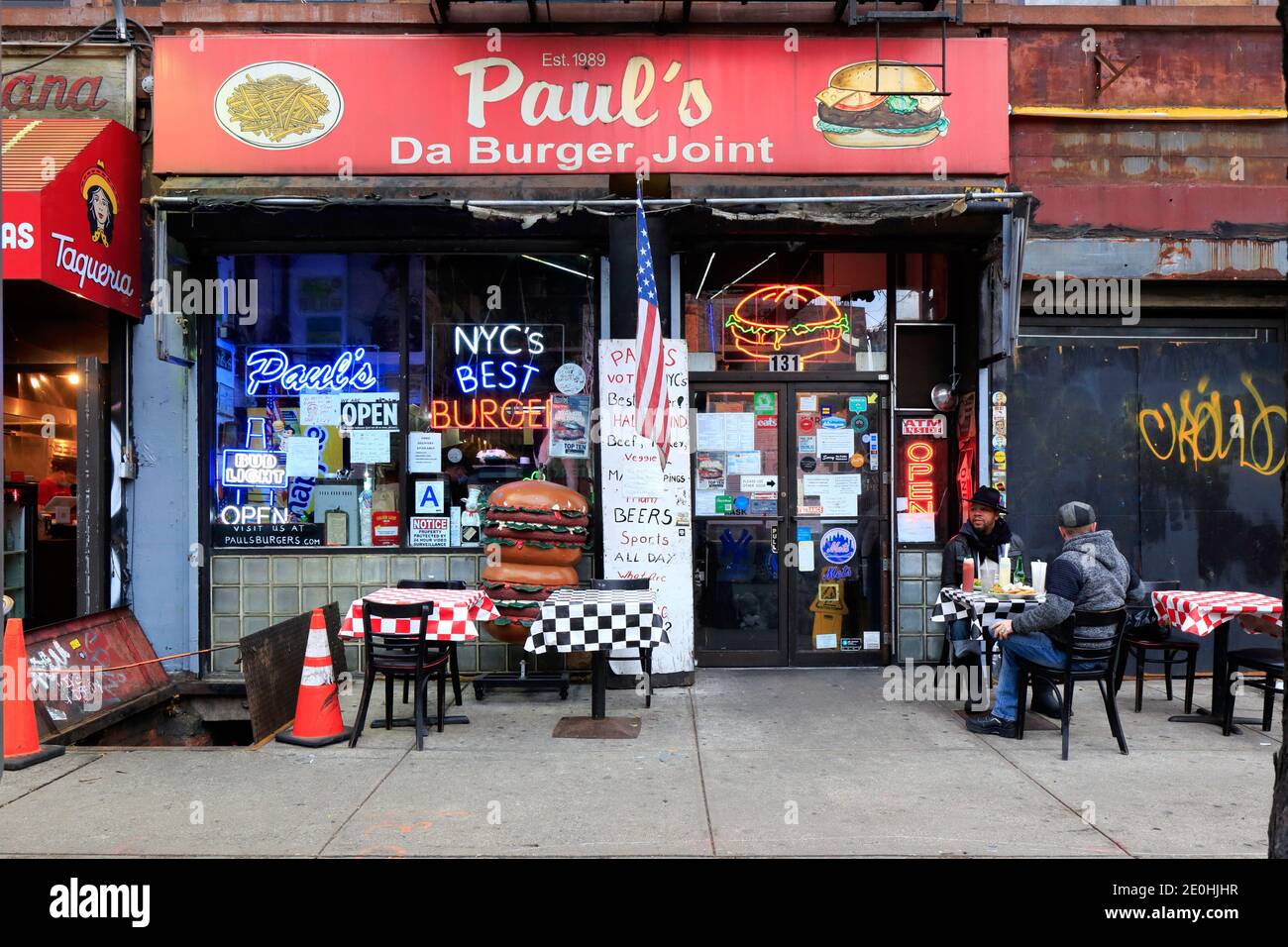Paul's Da Burger Joint, 131 Second Ave, New York, NY. exterior storefront of a hamburger restaurant in Manhattan's East Village, St. Mark's Place. Stock Photo