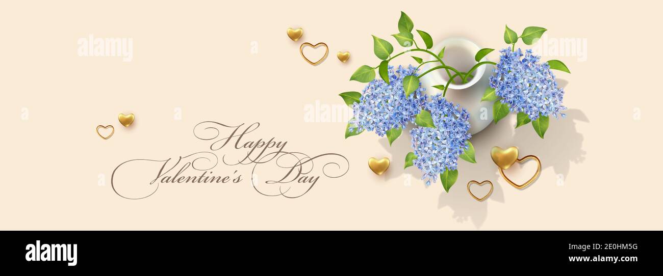 Elegant web banner for Valentine's day. Golden hearts and a vase with ...