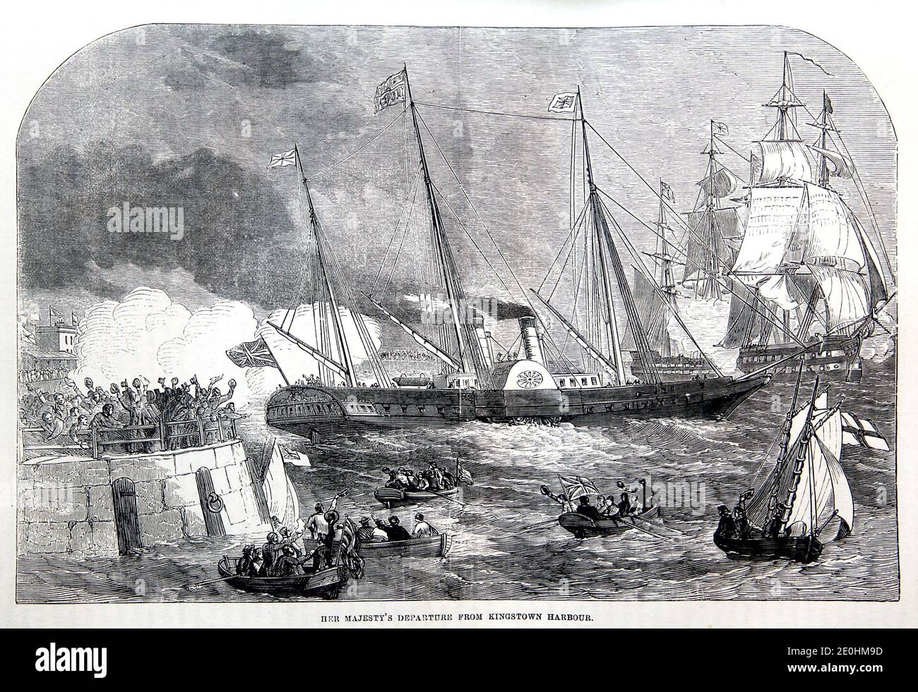 Illustration: Queen Victoria's departure from Kingstown Harbour (now Dun Laoghaire) following her visit to Ireland in 1849. Stock Photo