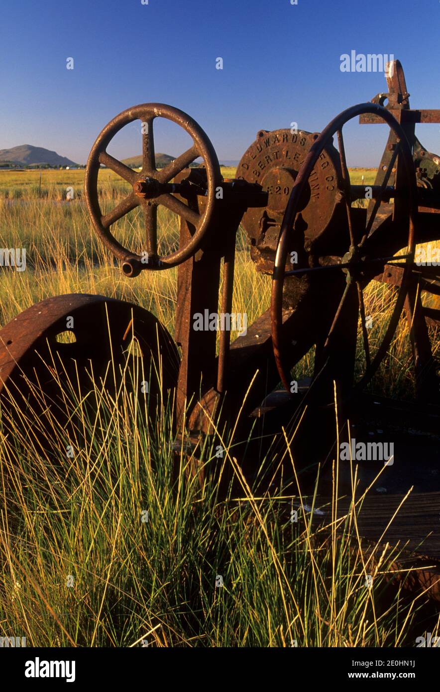 Abandoned farm equipment (Big Bertha), Klamath Wildlife Area, Volcanic Legacy National Scenic Byway, Oregon Stock Photo