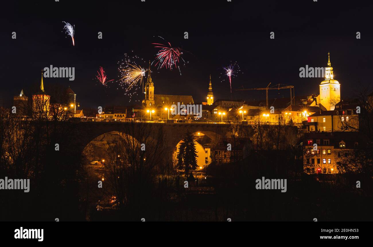 firework pyro on silvester 2020 2021 bautzen city cityscape Stock Photo