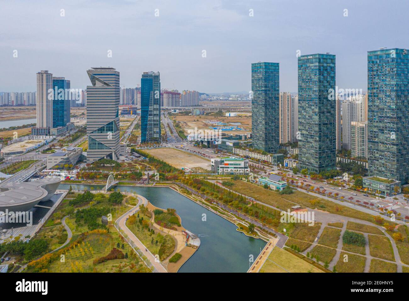 INCHEON, KOREA, OCTOBER 25, 2019 Aerial view of Songdo park in Incheon