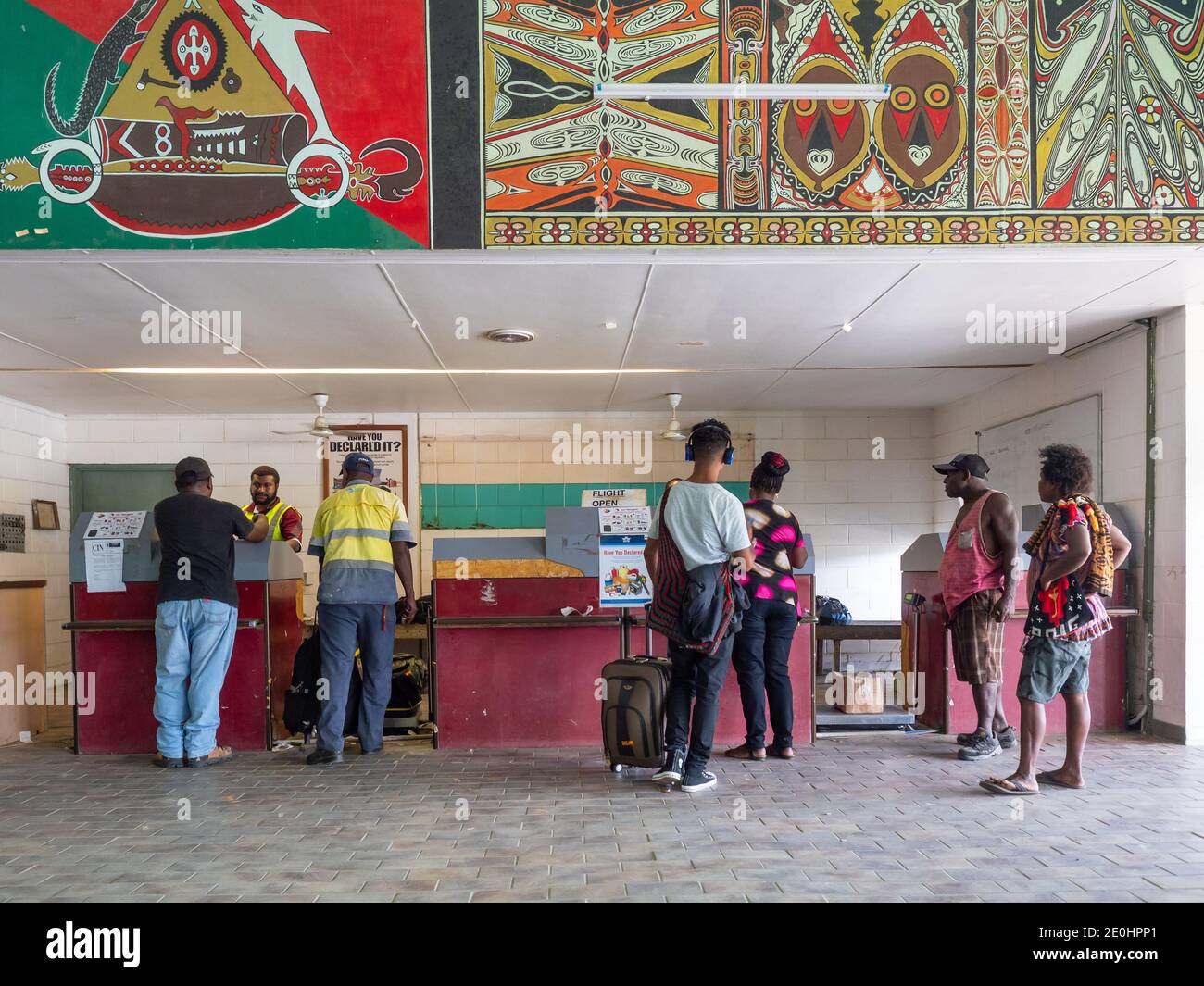 The check-in counter of Wewak airport, also called Boram Airport, in Wewak, the capital of the East Sepik province of Papua New Guinea. Stock Photo
