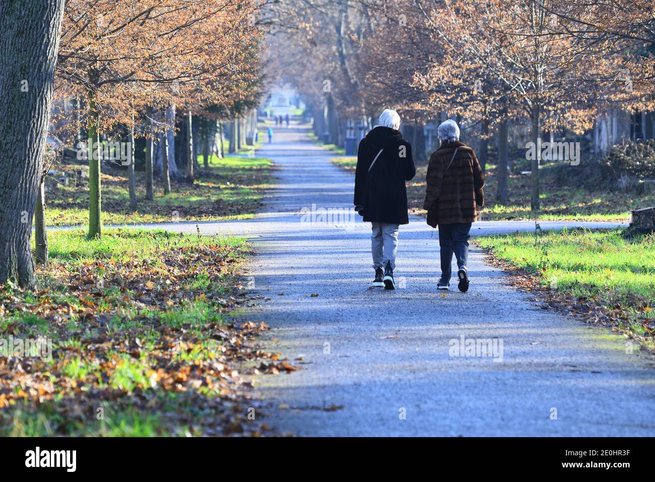 Vienna, Austria. The central cemetery in Vienna. Two elderly women are walking in the central cemetery Stock Photo
