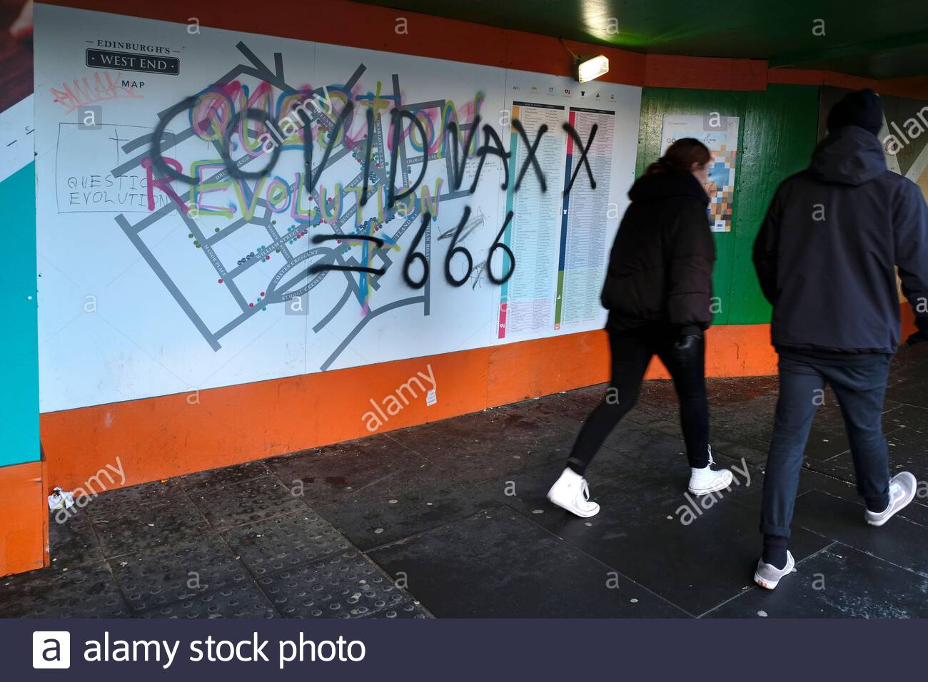 Edinburgh, Scotland, UK. 1st Jan 2021.  Since the Covid-19 vaccines have received approval for use and with the vaccinations starting to be rolled out for the vulnerable, Covid Vaxx=666 anti vax graffiti has started to appear in various places around the city centre.  Credit: Craig Brown/Alamy Live News Stock Photo
