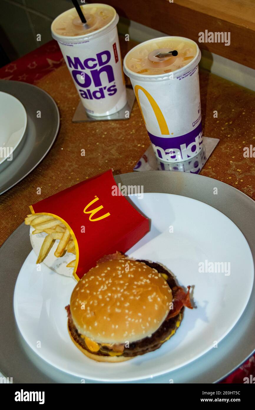 Hamburger menu from mcdonalds, hamburguer delivery at home or taken from mcdrive Stock Photo