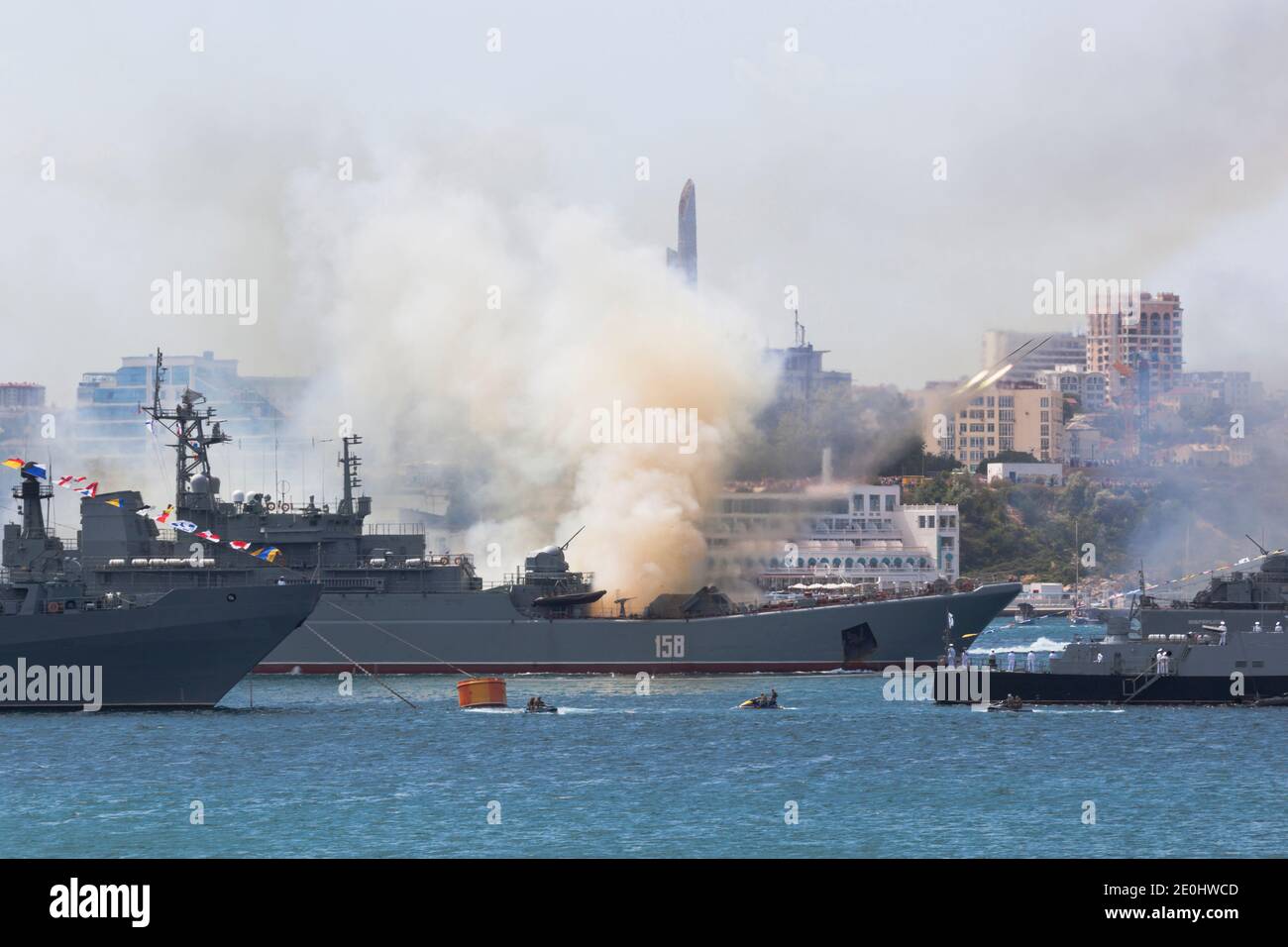 Sevastopol, Crimea, Russia - July 26, 2020: Large landing ship Caesar Kunikov fires from the Grad-M multiple launch rocket system at the parade in hon Stock Photo