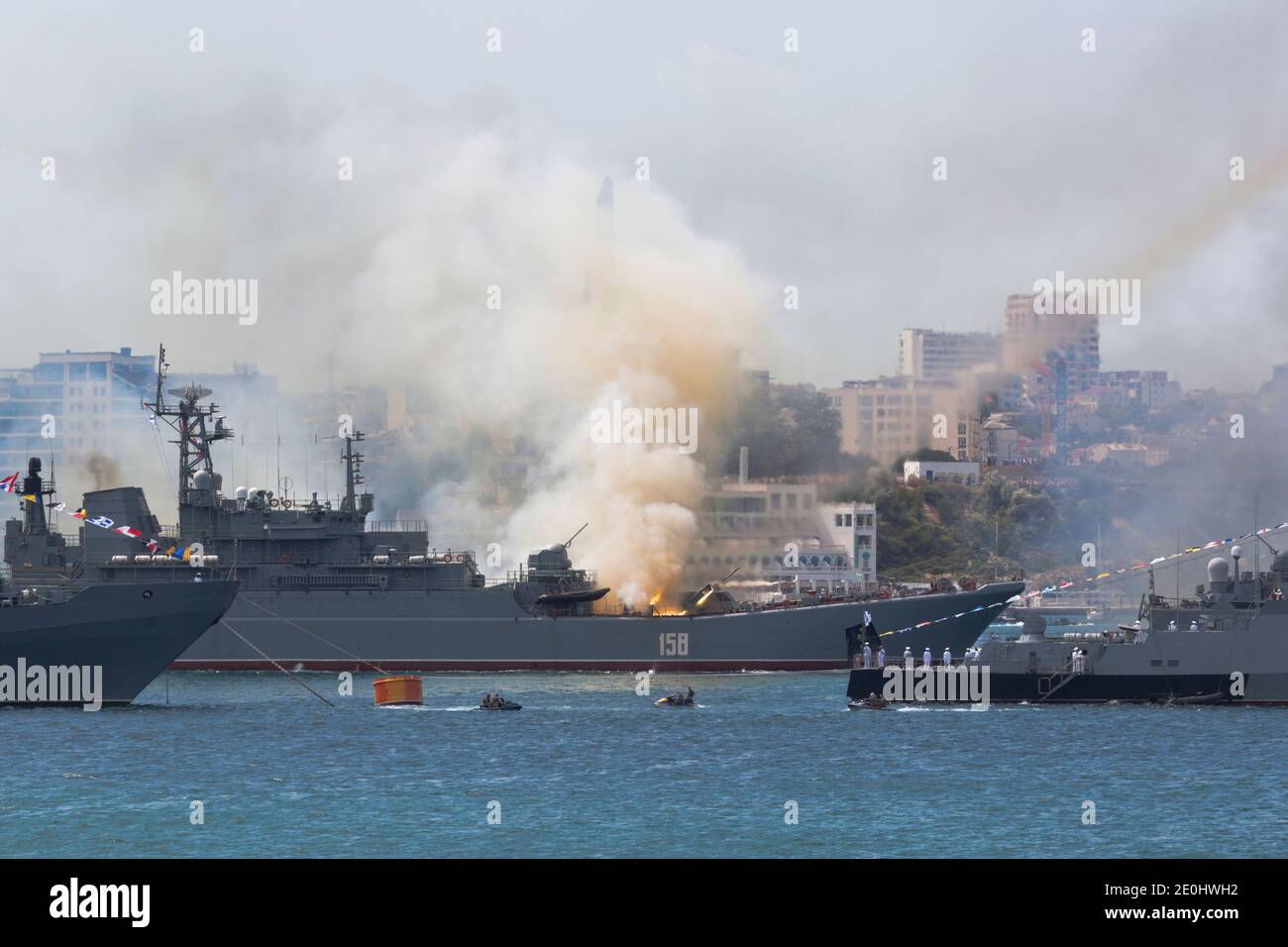 Sevastopol, Crimea, Russia - July 26, 2020: A projectile takes off from the Grad-M multiple launch rocket system of the large landing ship Caesar Kuni Stock Photo