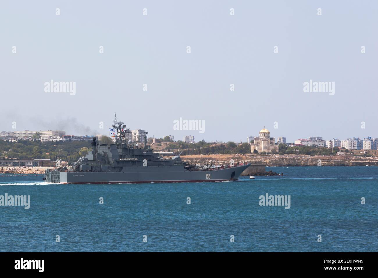 Sevastopol, Crimea, Russia - July 26, 2020: Large landing ship Caesar Kunikov at the parade on Navy Day in the hero city of Sevastopol, Crimea Stock Photo