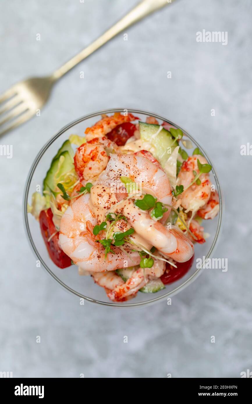 Crayfish and prawn cocktail with salad and seafood sauce Stock Photo