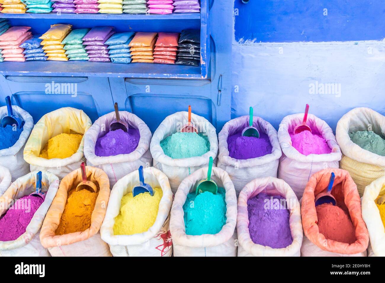 Colorful spices and  dyes in the street of the blue city, Chefchaouen, Morocco. Stock Photo