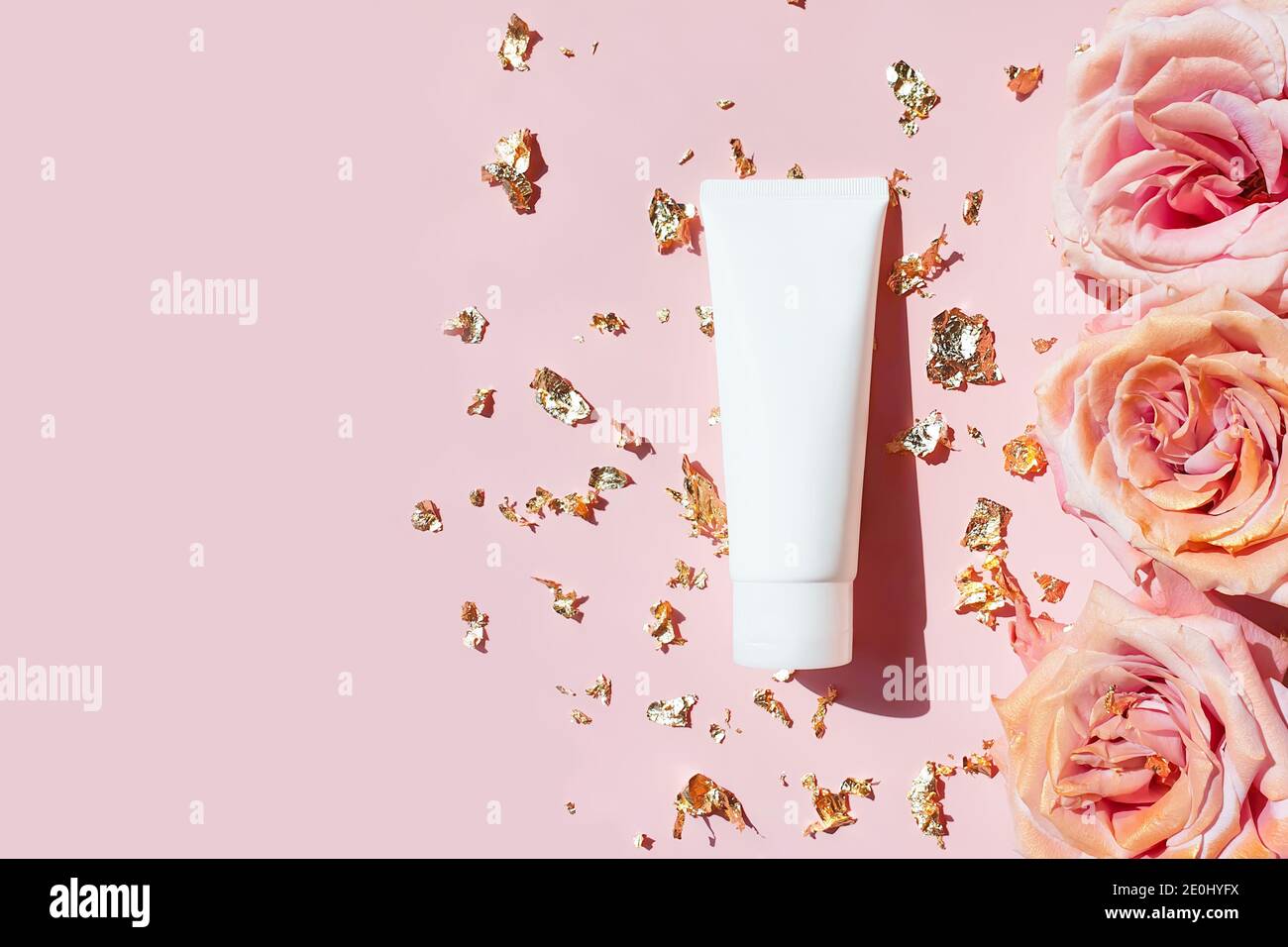 Download Natural Organic Cosmetic Packaging Mockup Pieces Of Golden Paper And Pink Roses On Pastel Pink Table Blank White Tube Design Mockup Top View Spa C Stock Photo Alamy