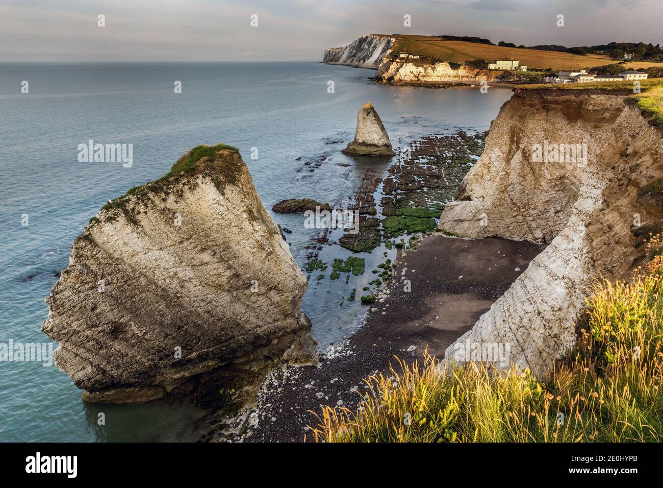 Sea stacks at Freshwater Bay on the Isle of Wight, England, Uk. Looking west towards Tennyson Down. Stock Photo