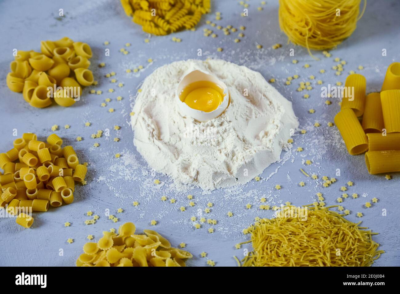 ingredients for homemade pasta. Food background macaroni, spagetti