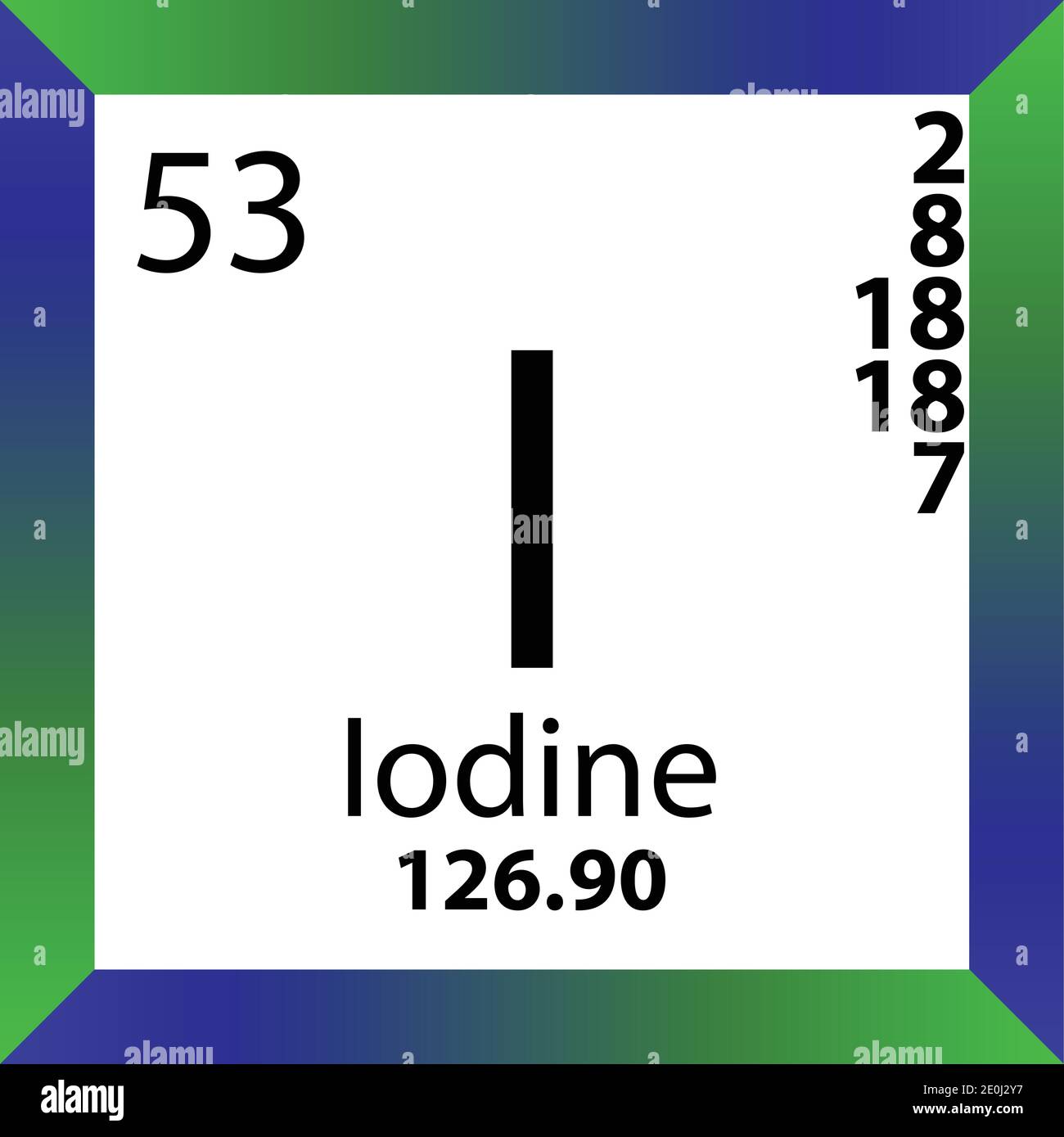 I Iodine Chemical Element Periodic Table. Single vector illustration, colorful Icon with molar mass, electron conf. and atomic number. Stock Vector