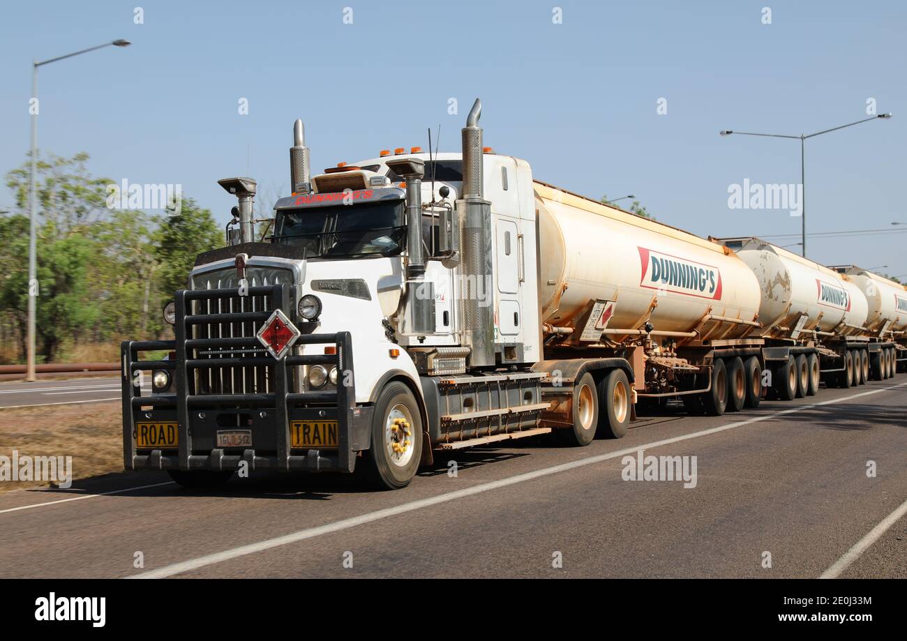 Australian road train on the Stuart Highway, Northern Territory, Australia. Stock Photo