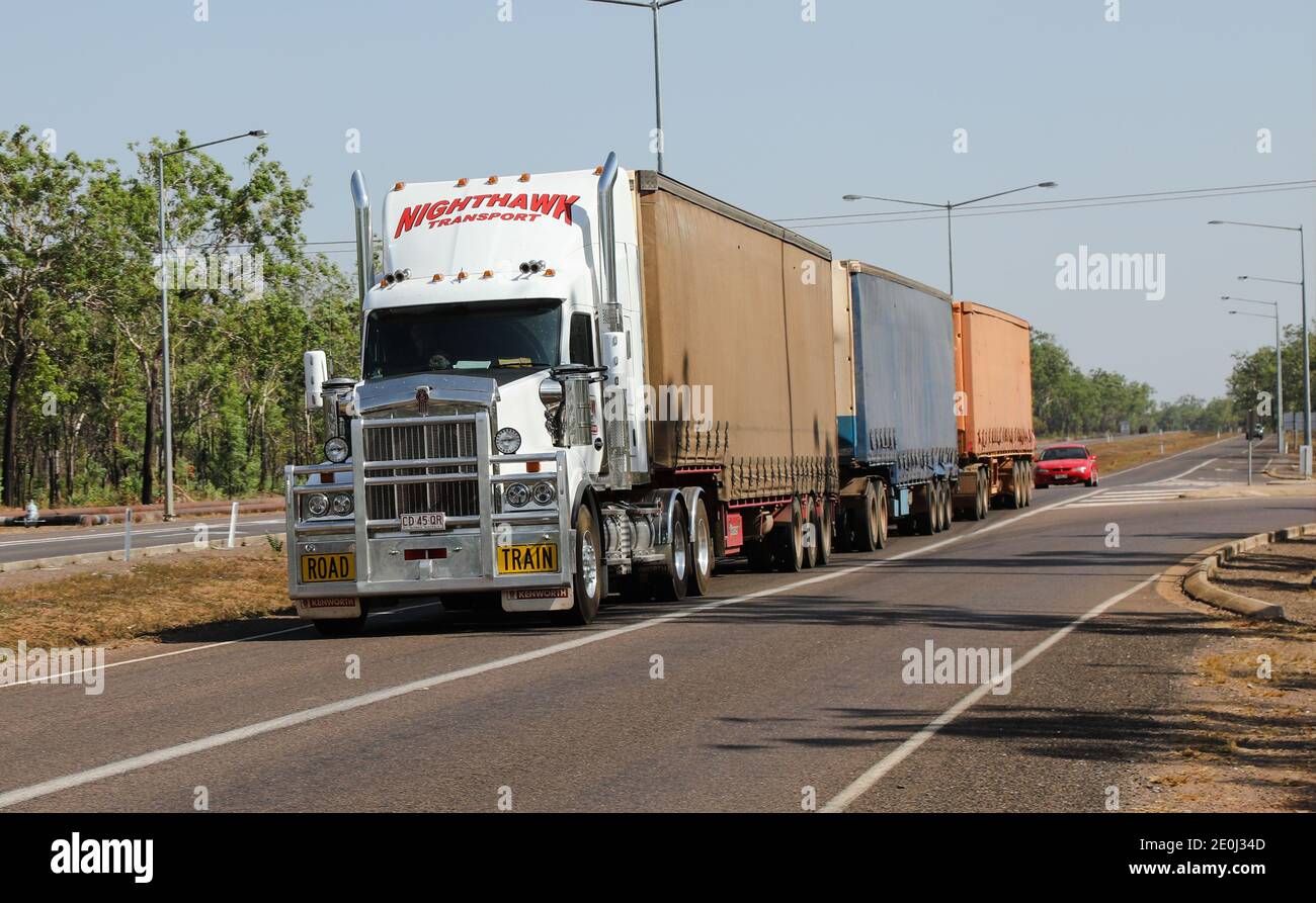 Australian road train on the Stuart Highway, Northern Territory, Australia. Stock Photo
