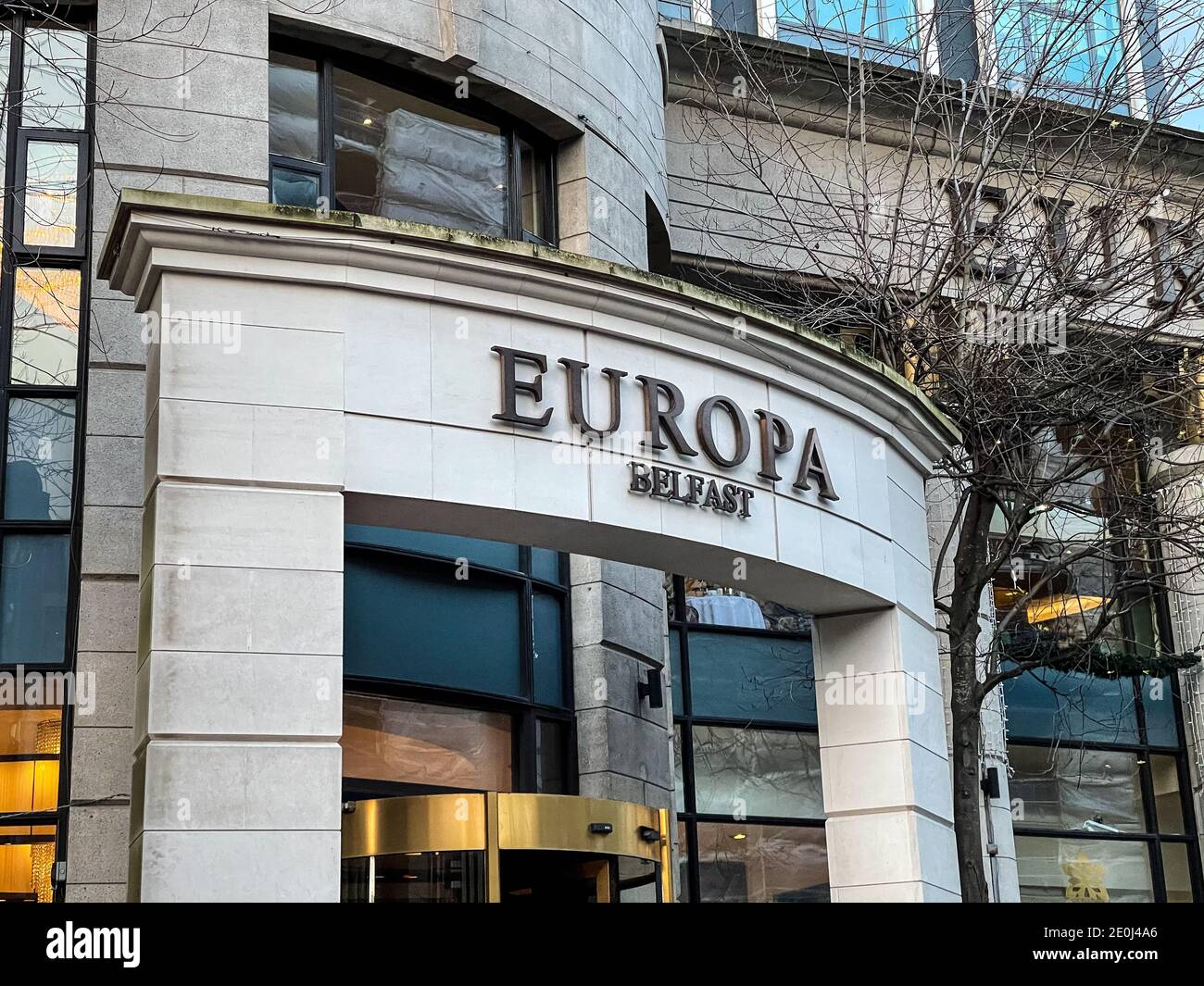 Belfast, Northern Ireland - Dec 19, 2020: The sign for the Europa Hotel in Belfast Stock Photo