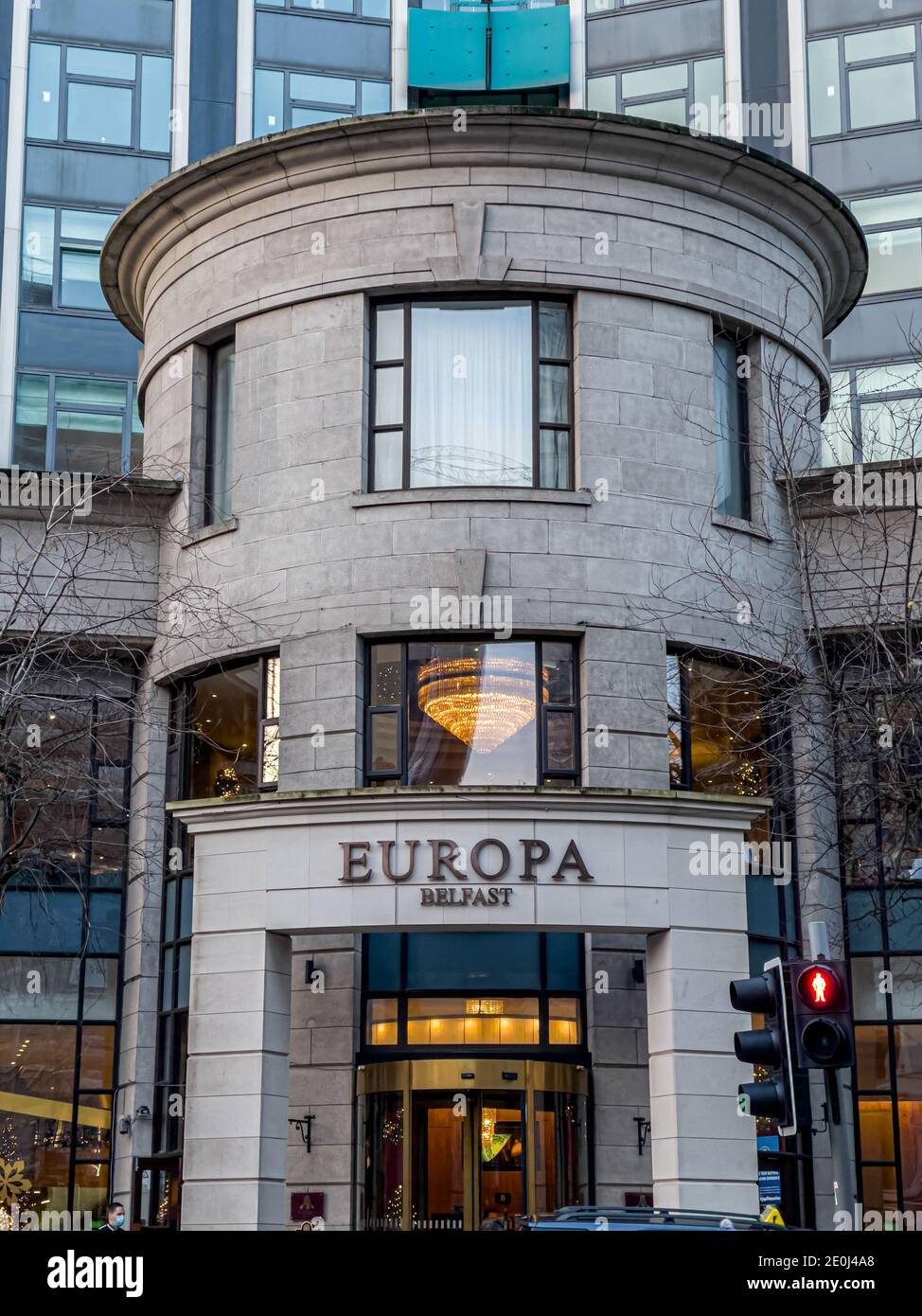 Belfast, Northern Ireland - Dec 19, 2020: The sign and front entrance for the Europa Hotel in Belfast Stock Photo