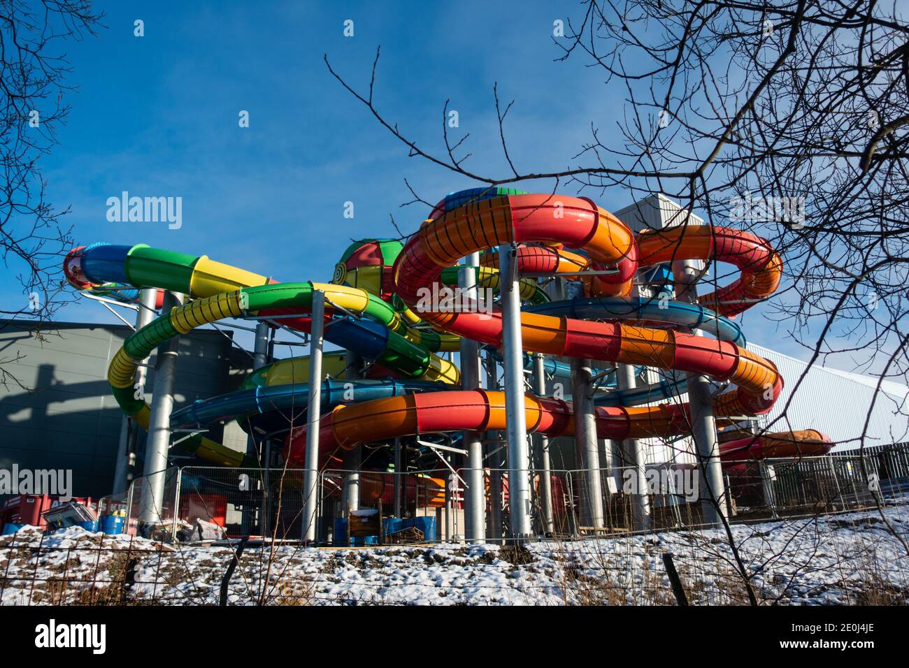 Colourful slide tubes at Waterworld water park, StokeonTrent, UK