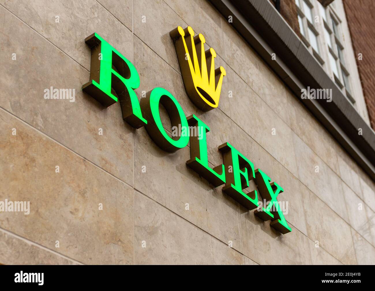 Rolex watch shop with Rolex sign prominently displayed. Stock Photo