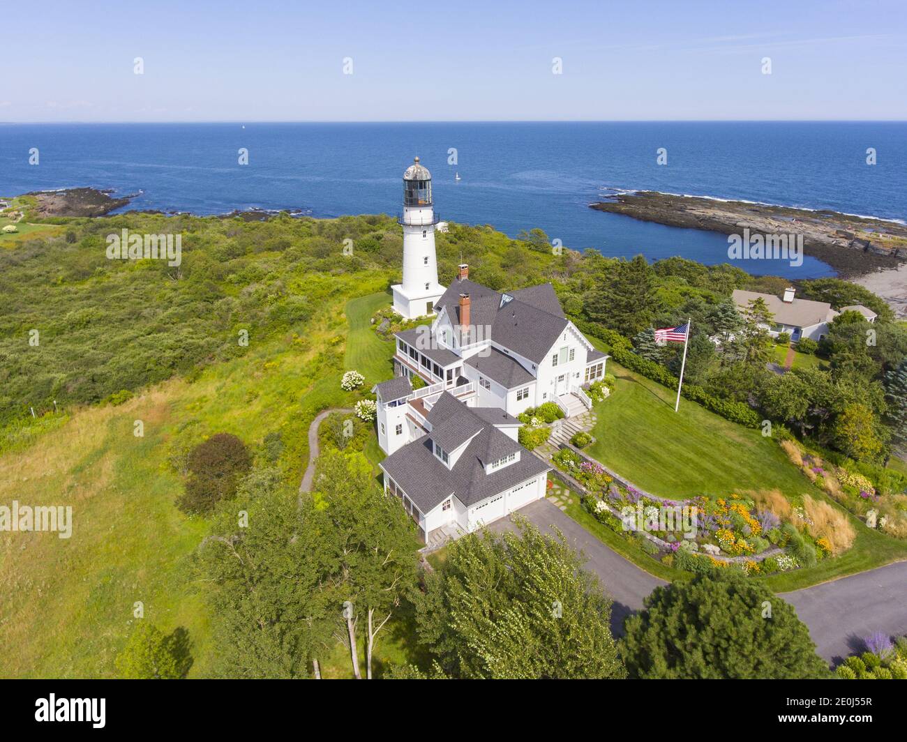 Aerial view of Cape Elizabeth Lights, also known as Two Lights, at the