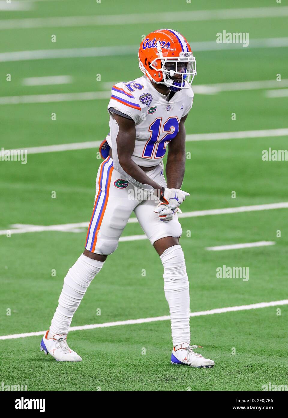 Arlington, TX, USA. 30th Dec, 2020. Florida Gators wide receiver Rick Wells (12) prepares for the snap in action during the Florida Gators, versus the Oklahoma Sooners college football game, at the Goodyear Cotton Bowl, in Arlington, Texas on December 30, 2020. The Sooners won the game 55-20. (Mandatory Credit: Freddie Beckwith/MarinMedia.org/Cal Sport Media) (Absolute Complete photographer, and credits required).Television, or For-Profit magazines Contact MarinMedia directly. Credit: csm/Alamy Live News Stock Photo