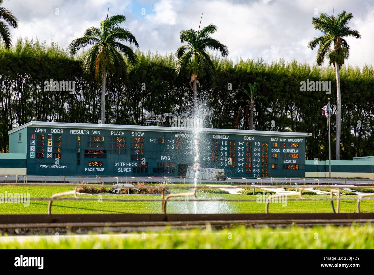 The tote board sits along the backstretch, across the infield, at the Palm Beach Kennel Club in West Palm Beach, Florida, USA. Stock Photo