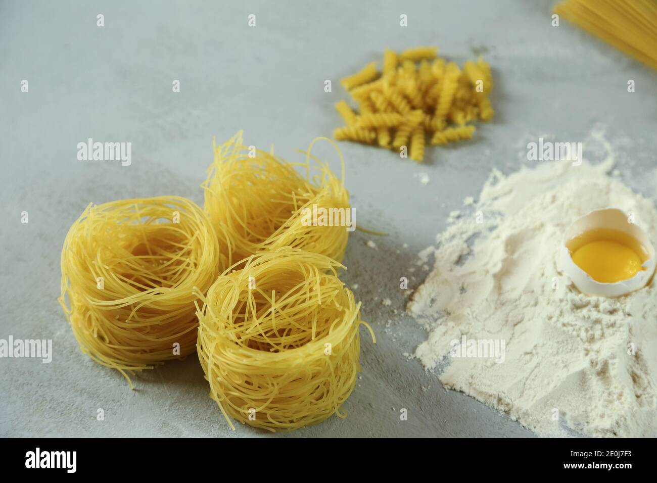 ingredients for homemade pasta. Food background macaroni, spagetti