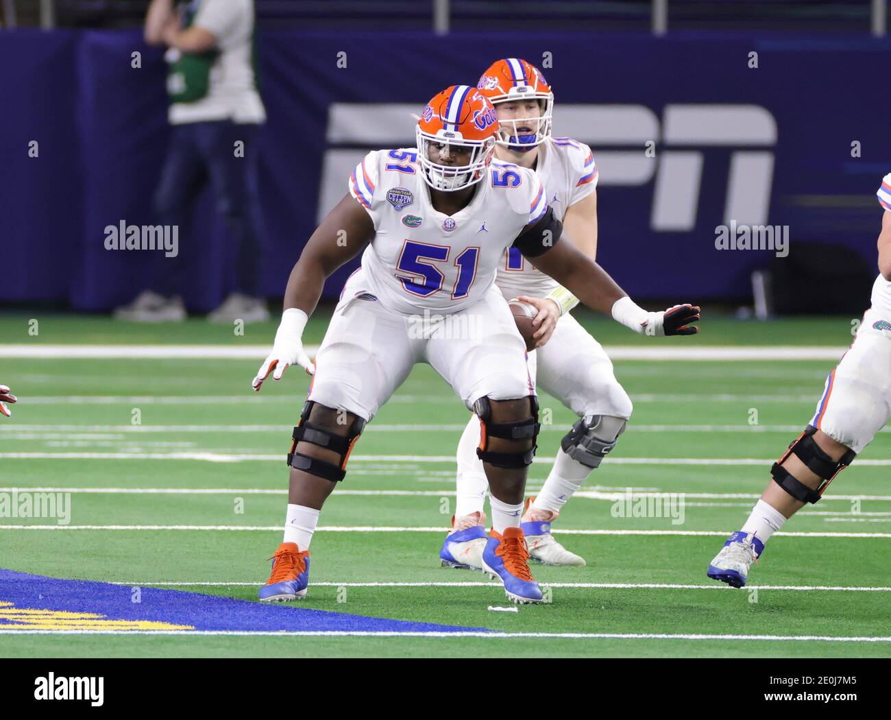 Arlington, TX, USA. 30th Dec, 2020. Florida Gators offensive lineman Stewart Reese (51)blocks in action during the Florida Gators, versus the Oklahoma Sooners college football game, at the Goodyear Cotton Bowl, in Arlington, Texas on December 30, 2020. The Sooners won the game 55-20. (Mandatory Credit: Freddie Beckwith/MarinMedia.org/Cal Sport Media) (Absolute Complete photographer, and credits required).Television, or For-Profit magazines Contact MarinMedia directly. Credit: csm/Alamy Live News Stock Photo