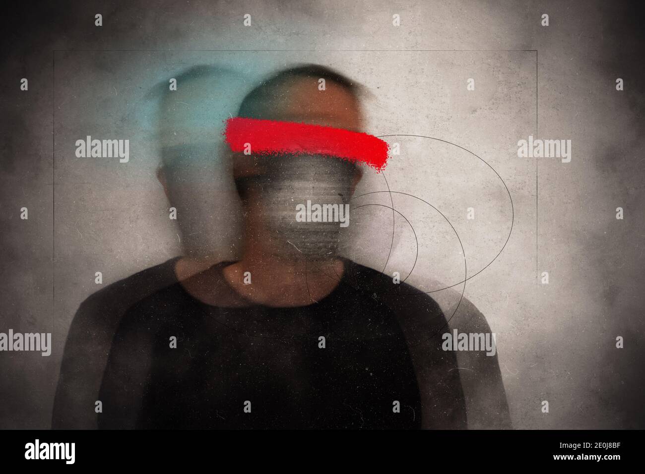A mental health concept. A man with a blurred head with his eyes covered. With a grunge, abstract edit Stock Photo