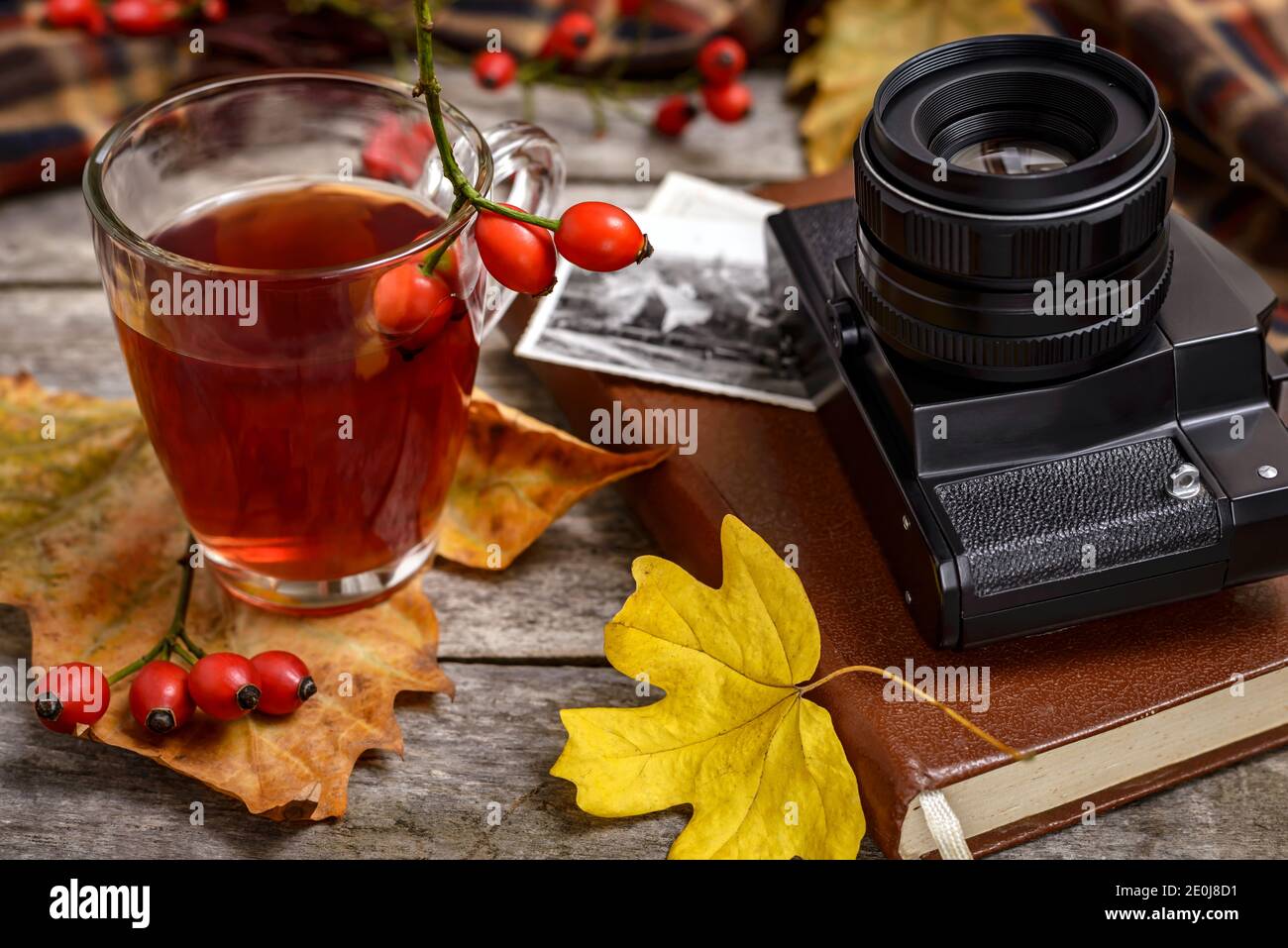 A cup of rose hip tea with fresh rose hips, vintage camera, old photographs, book and autumn leaves on wooden table. Autumn concept, selective focus. Stock Photo