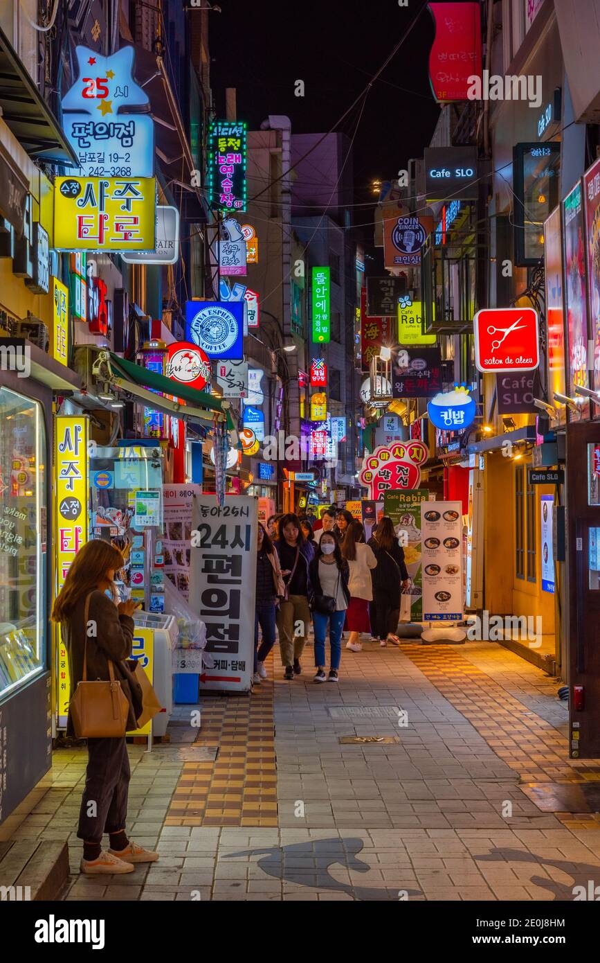 BUSAN, KOREA, OCTOBER 29, 2019: Night view of a narrow street in the