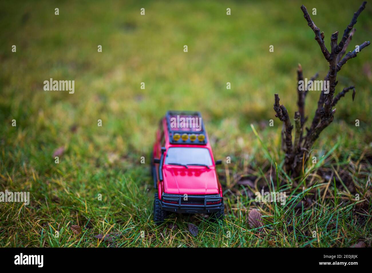 Beautiful view of  model car on lawn. Free time Children and adults concept. Stock Photo