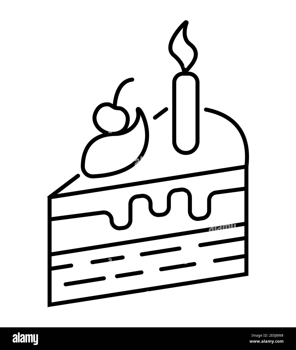 Piece of cake icon in outline style. Souffle, nem, cheesecake with candles. The celebration of the birth. Pie with cherry in simple line. Stock Vector