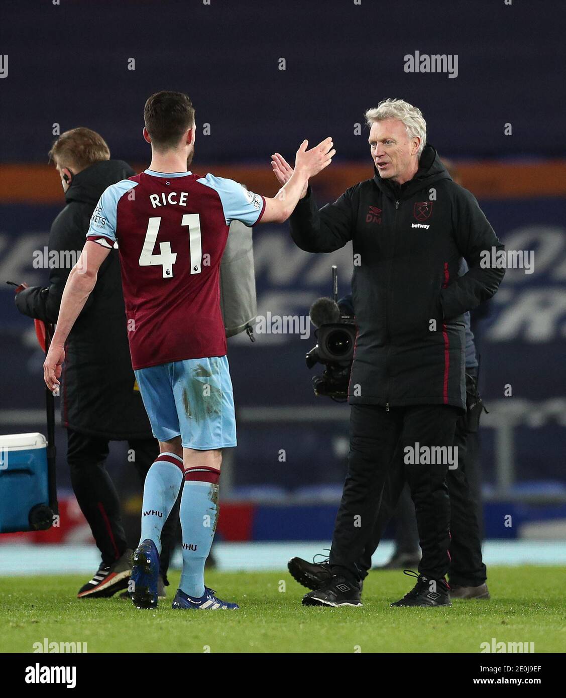 West Ham United S Declan Rice And Manager David Moyes Celebrate After The Premier League Match At Goodison Park Liverpool Stock Photo Alamy