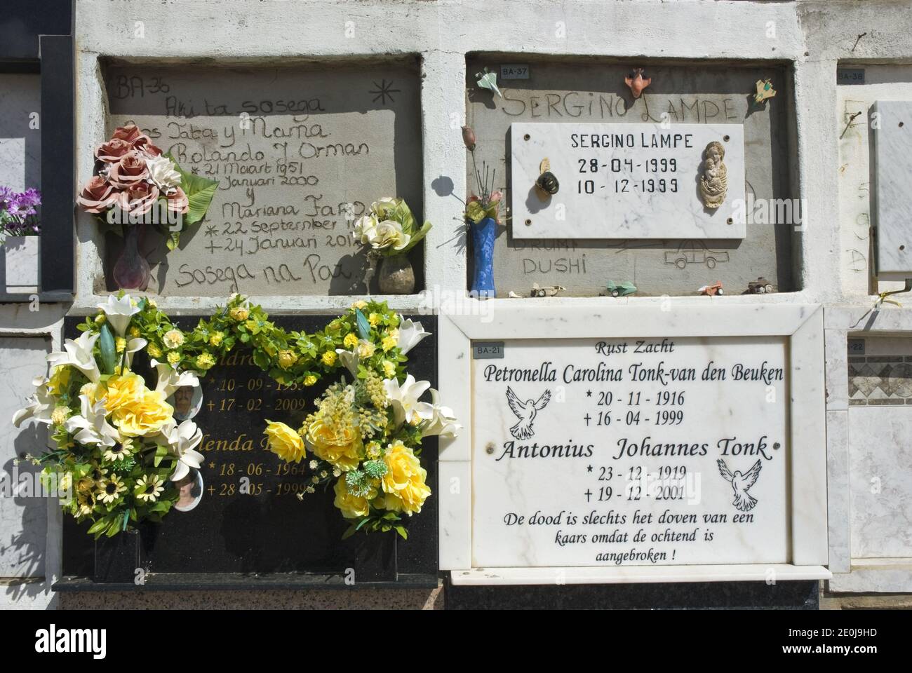 Spanish and Dutch names on crypts at the cemetery of St. Anna's Church in Noord, Aruba. Stock Photo