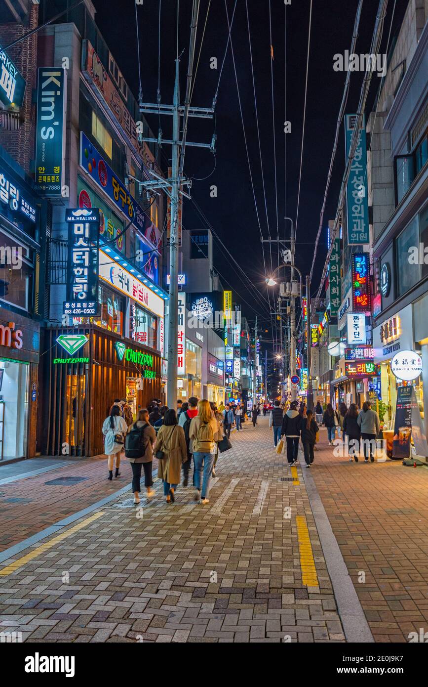 DAEGU, KOREA, OCTOBER 28, 2019 Night view of a narrow street in the