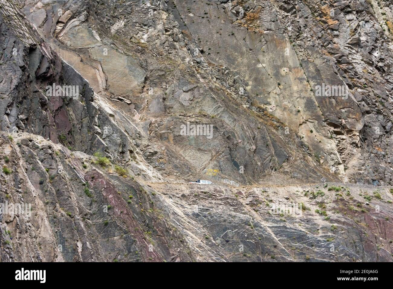 Road built on the steep cliff of the southern slopes of Greater Caucasus to Lahij village, Ismailli region, Azerbaijan Stock Photo