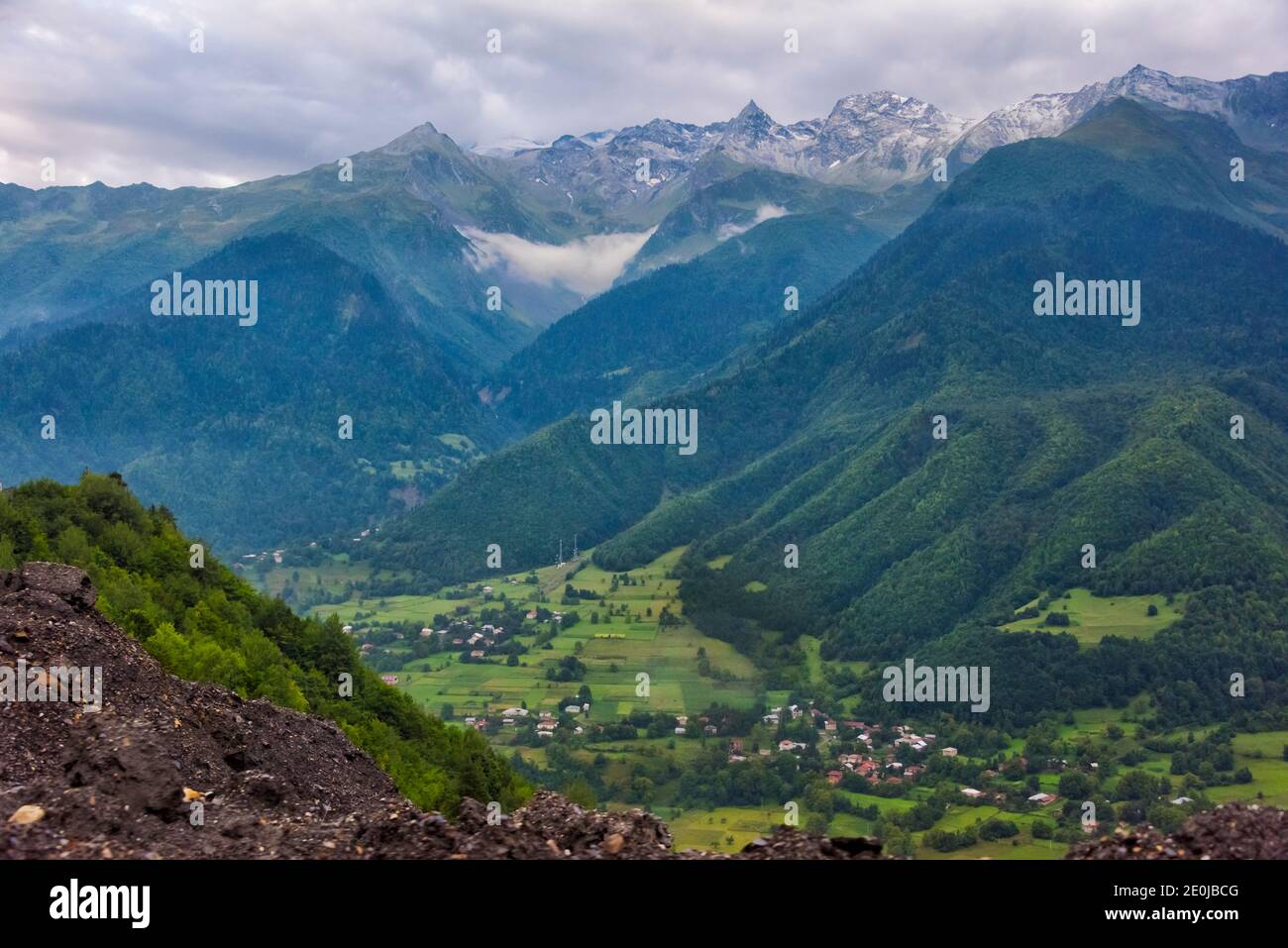 Village in the Caucasus Mountains, Svaneti region, Georgia Stock Photo