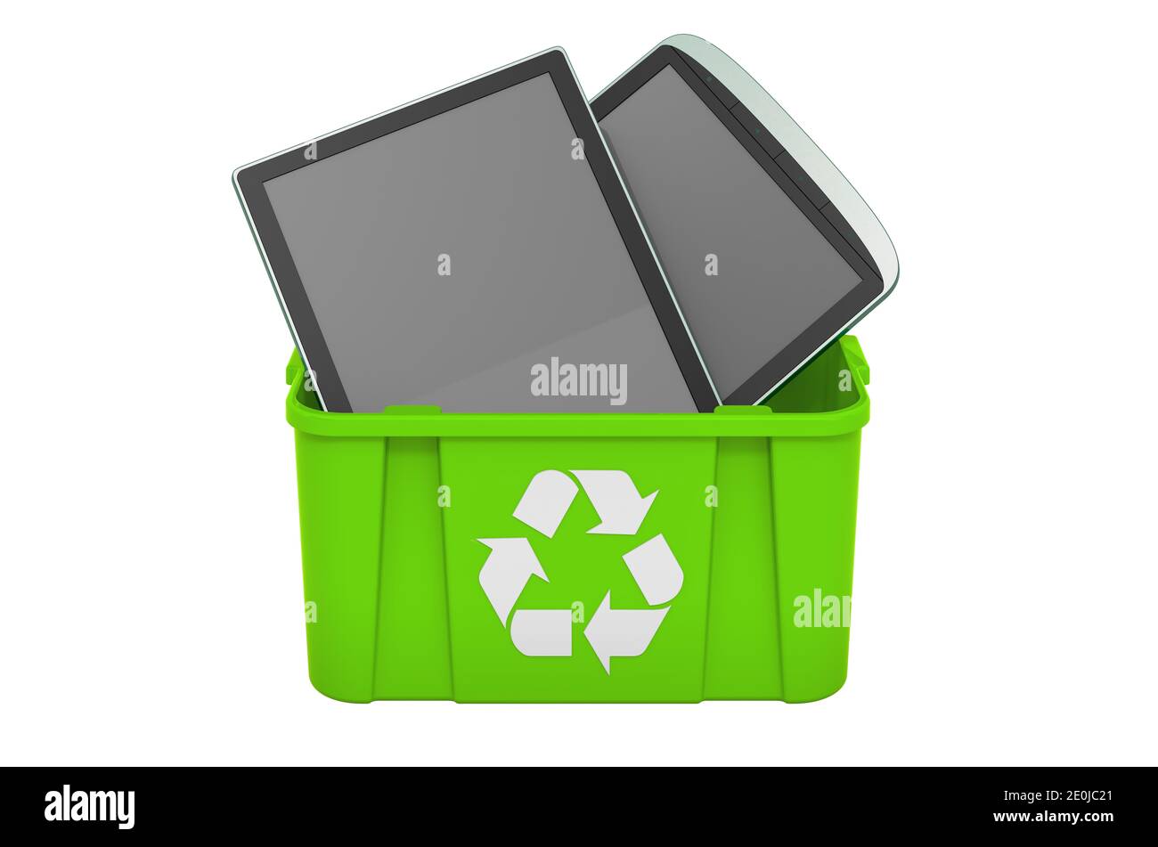 Recycling trashcan with e-book, 3D rendering isolated on white ...