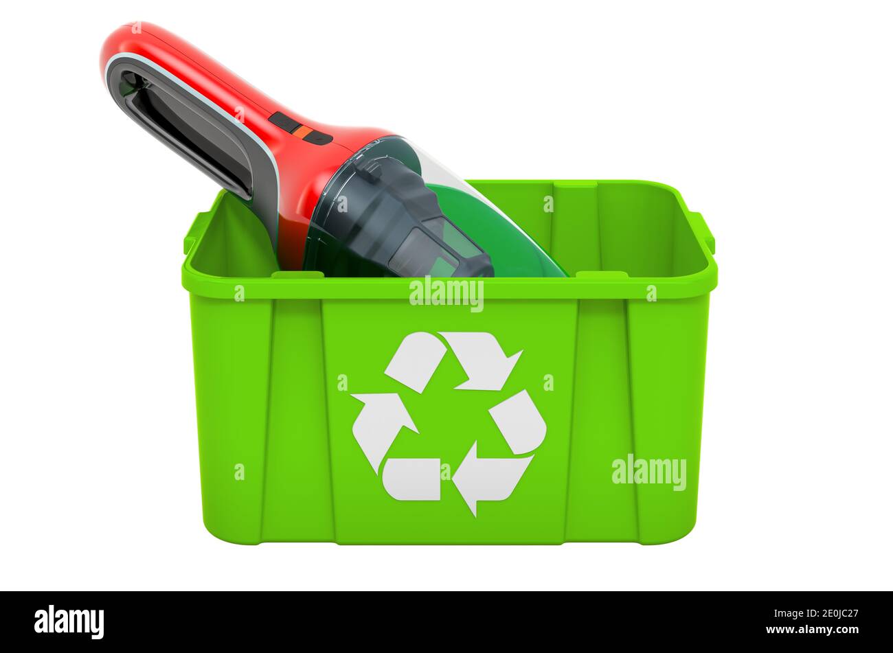 Recycling trashcan with portable vacuum cleaner, 3D rendering isolated