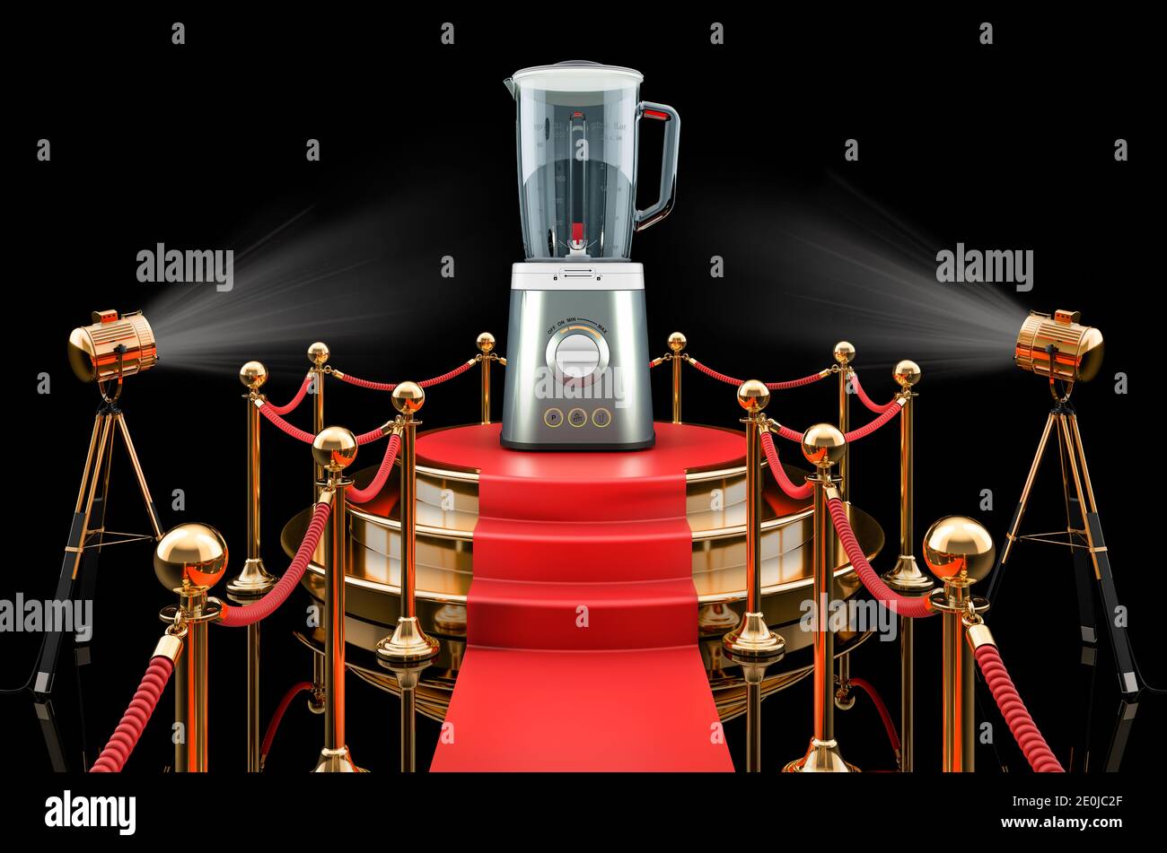 Podium with electric blender, 3D rendering isolated on black background Stock Photo