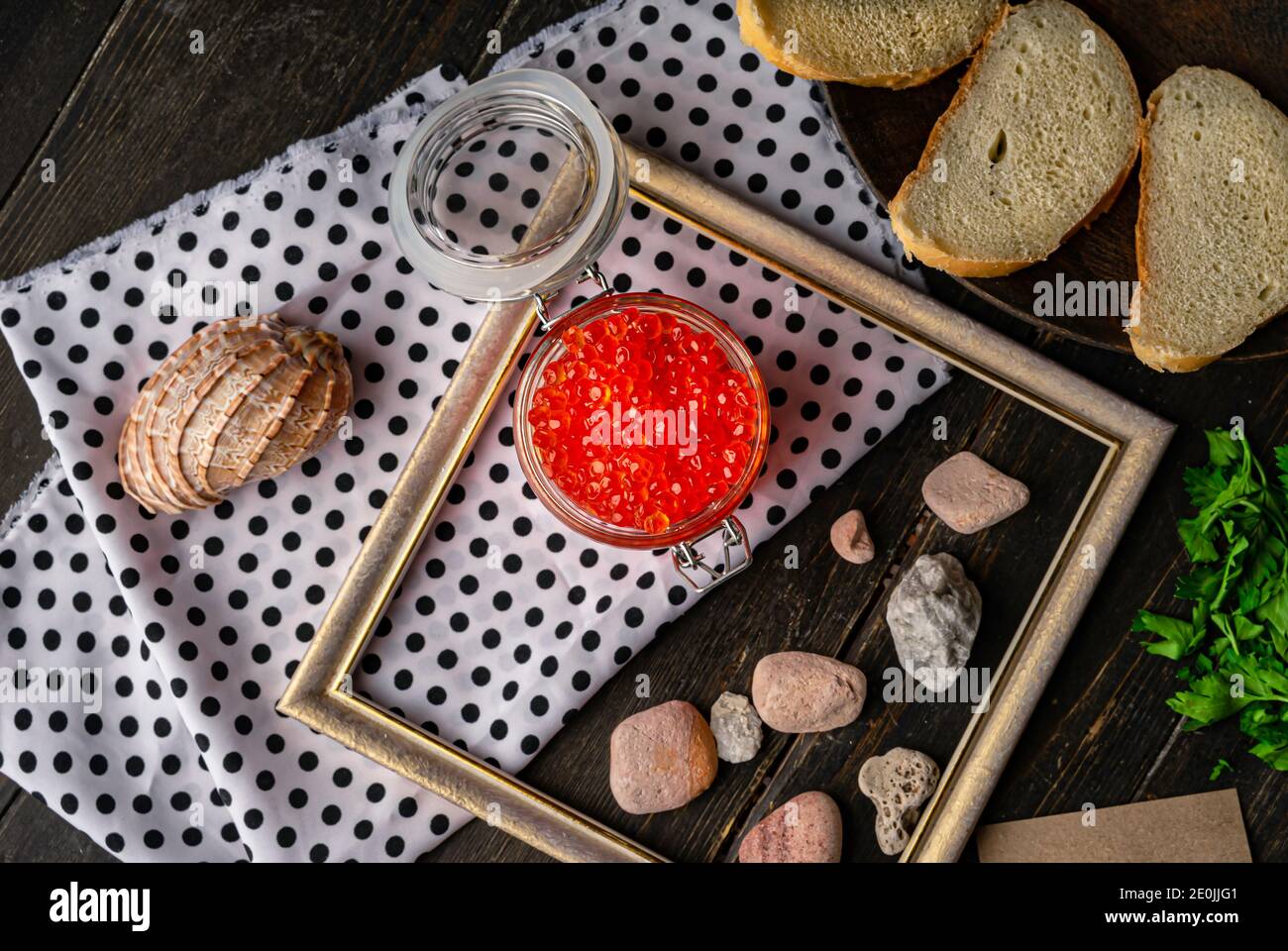 Chum salmon caviar in a glass bowl . Seafood, delicacies, healthy nutrition.  Stock Photo