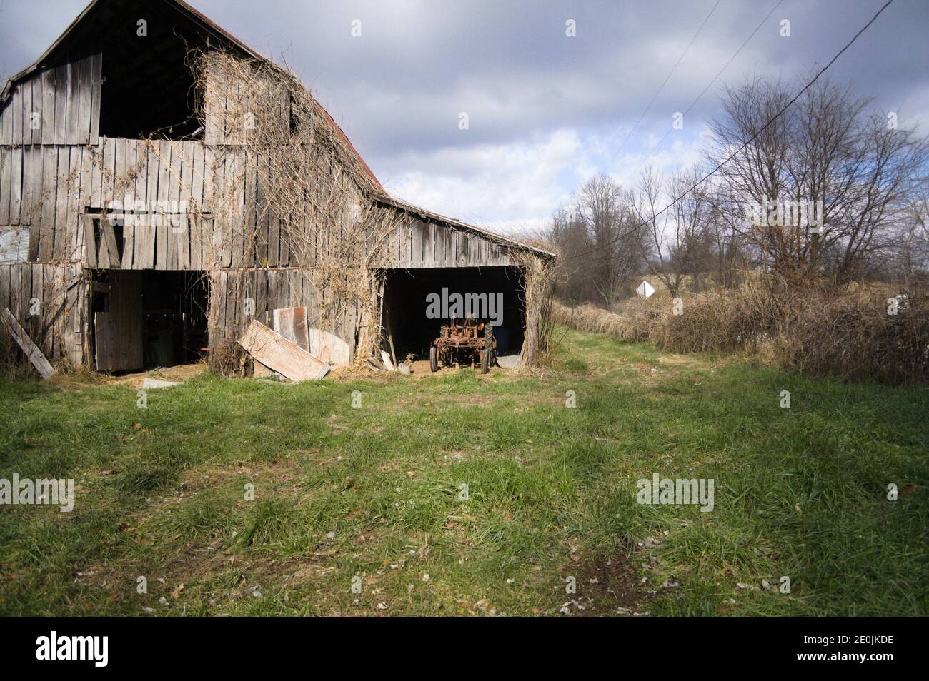 An overgrown, sun-faded barn sits neglected in a grass field on an overcast day. Stock Photo